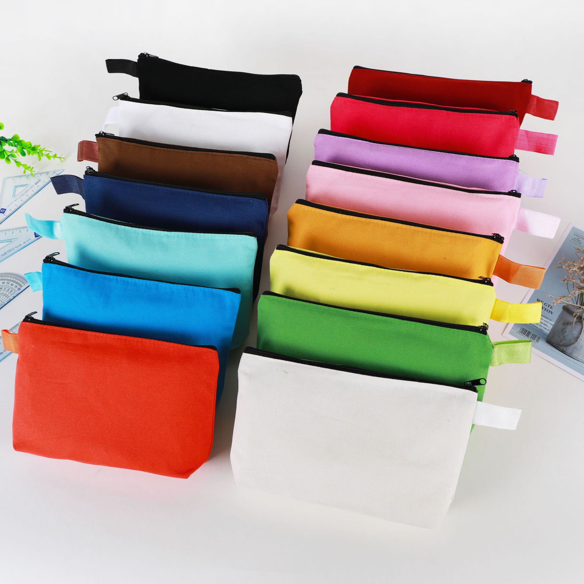 Custom logo Amazon color canvas pencil case zipper hand carry cosmetic bag finishing storage stationery bag wholesale