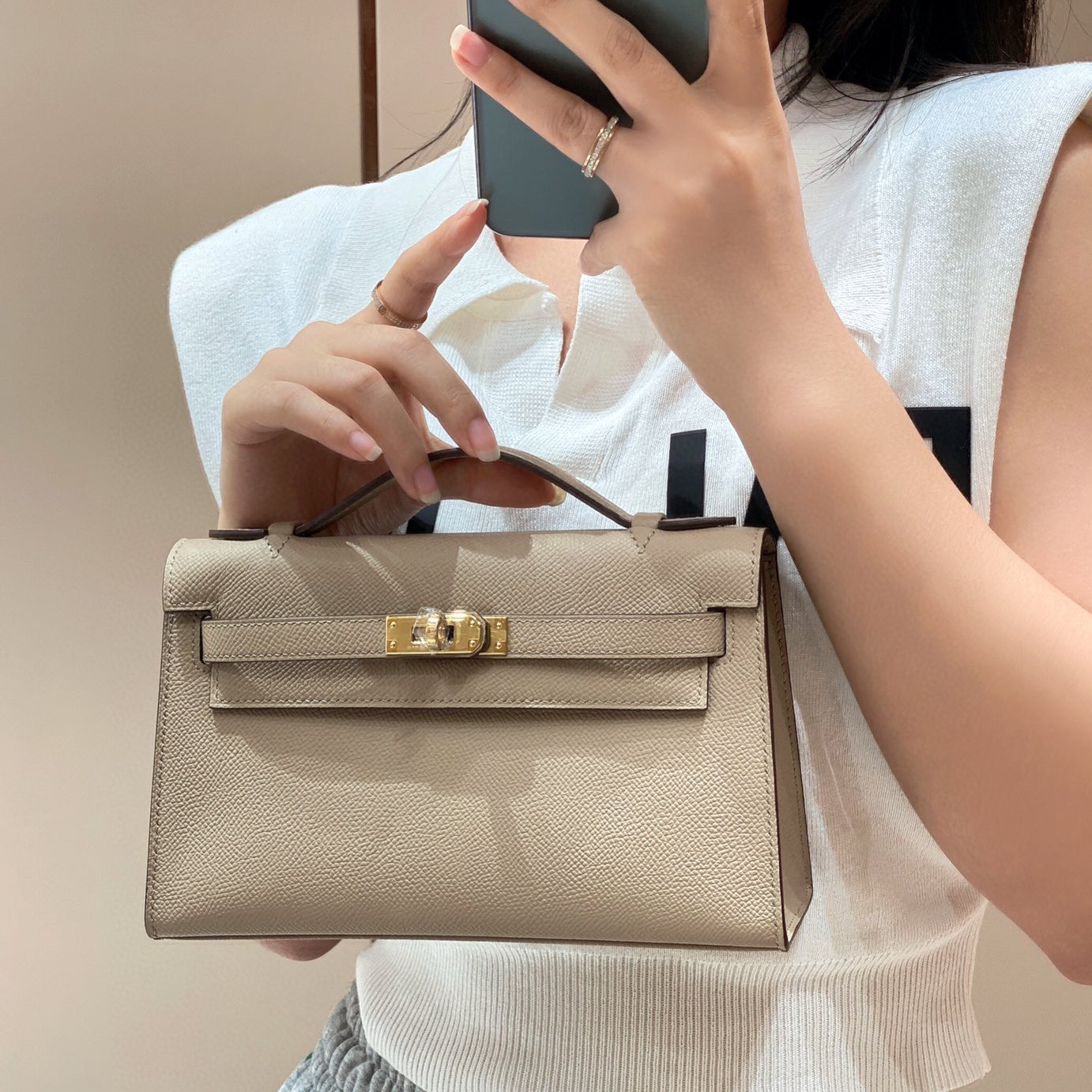2023新款真皮女包mini手掌紋一代凱莉包時尚單肩斜挎手提小包包潮