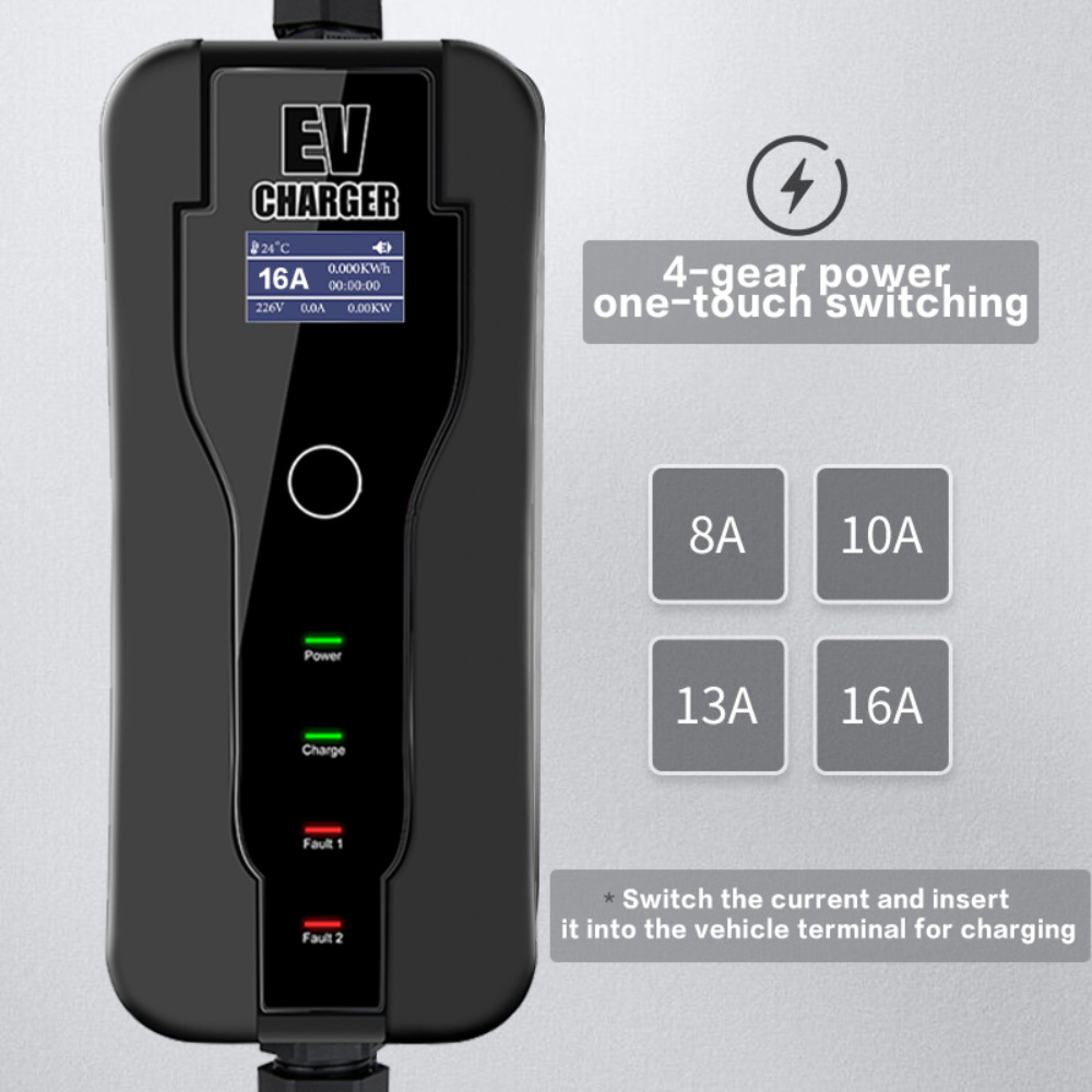 European standard Type2 new energy car charger 8A-16A adjustable current screen display household portable charging
