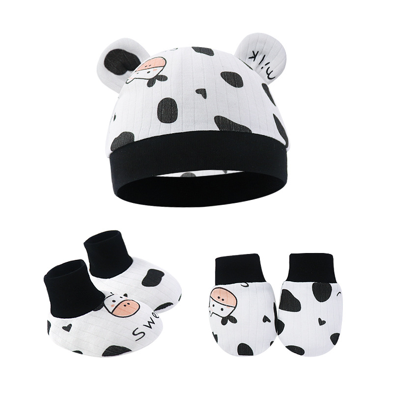 2023 Foreign Trade Newborn Fetal Hat Baby Hat Cotton Printed Anti-scratch Gloves Foot Cover Baby Hat Three-piece Set