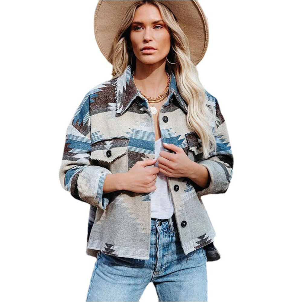European and American cross-border autumn and winter AZTEC retro ethnic style geometric printed woolen loose multi-color coat female Amazon