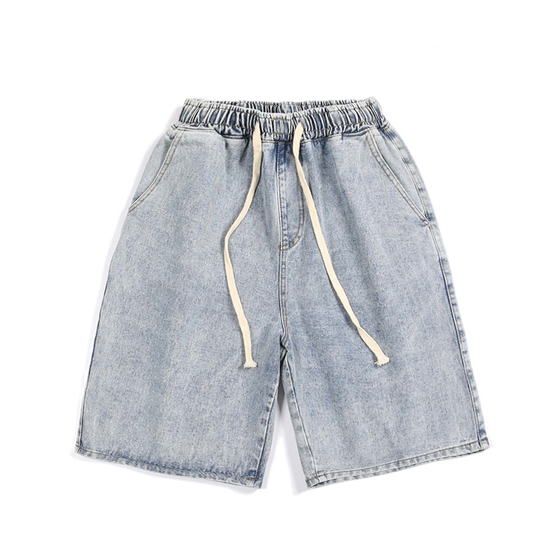 LKTM Men's# Trendy Brand Denim Shorts Men's Ins Summer New Elbow Waist Light Color Loose Straight Bearer Pants