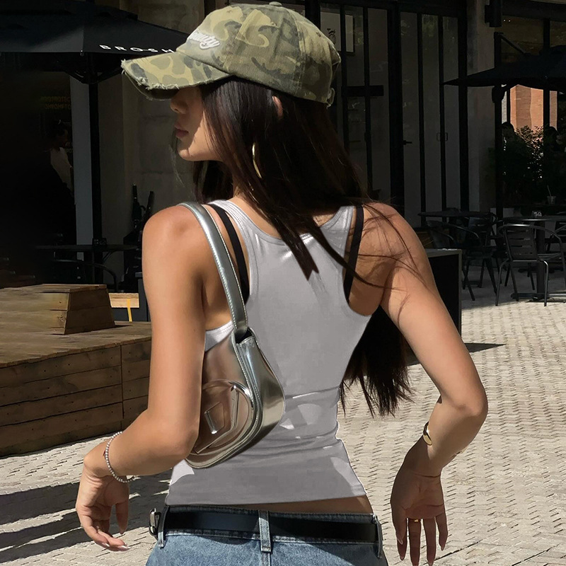 Q24TP323 European and American Women's Summer Amazon New Solid Color Square Collar Sleeveless Sexy vest T-shirt Top for Women