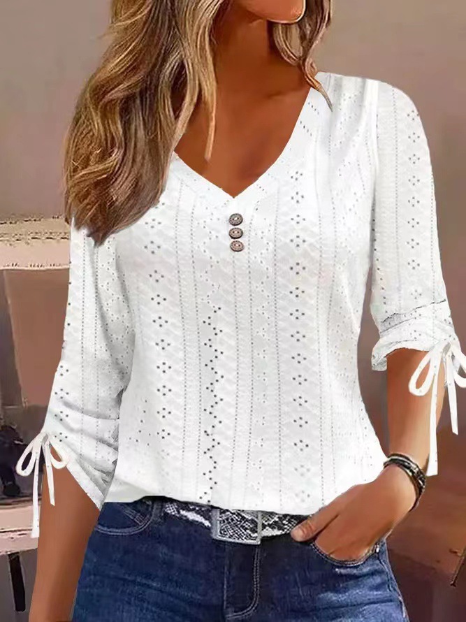 2023 Autumn and Winter Europe and America Amazon TEMU Independent Station Cross-border New Solid Color Jacquard Button Long Sleeve T-shirt Top