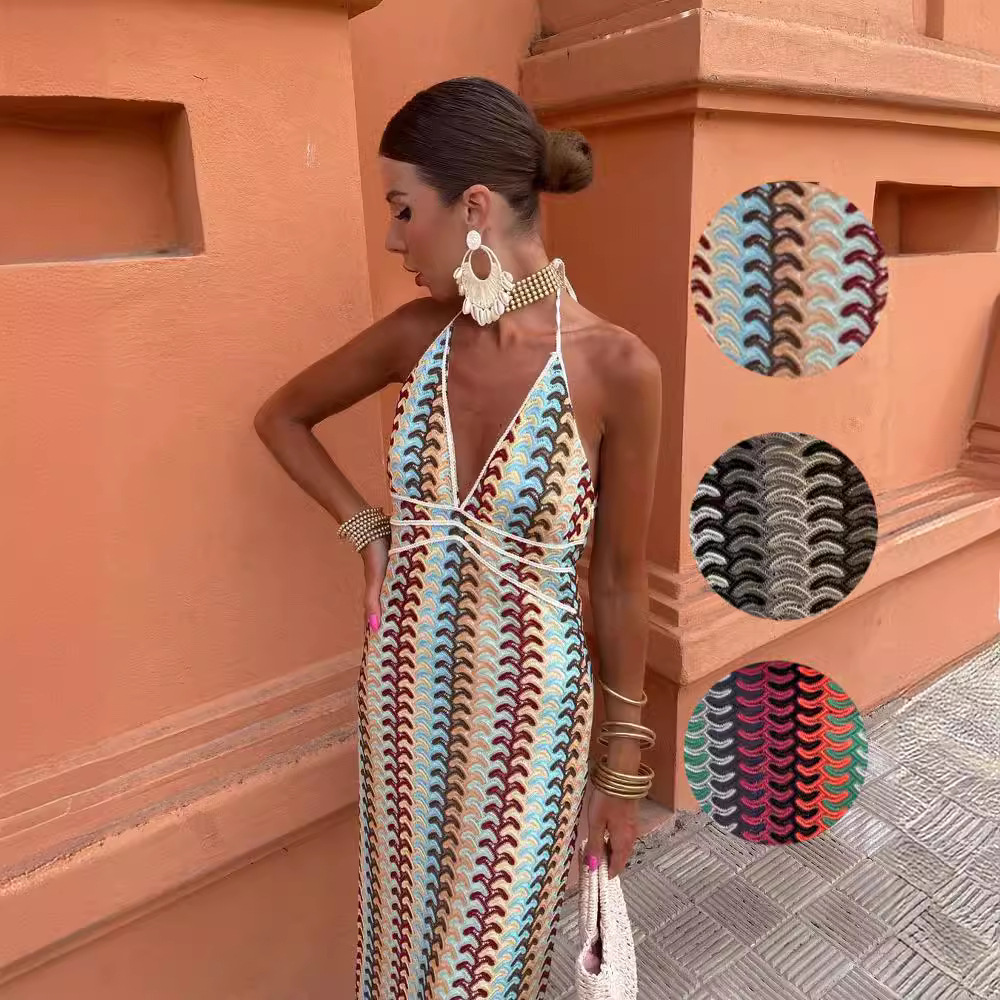 2024 Cross-border Amazon AliExpress Explosions Color Contrast Lace V-neck Strap Backless Beach Dress HY124