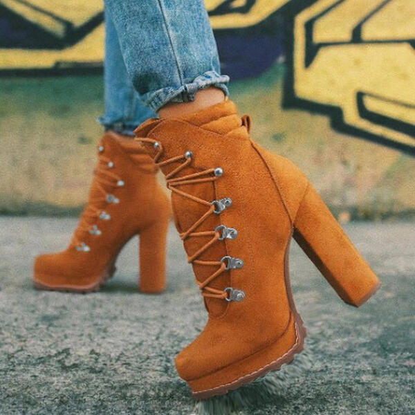 Cross-border Foreign Trade Large Size 2021 Autumn and Winter AliExpress High-heeled Lace-up Rivet Ankle Boots European and American Suede Martin Boots