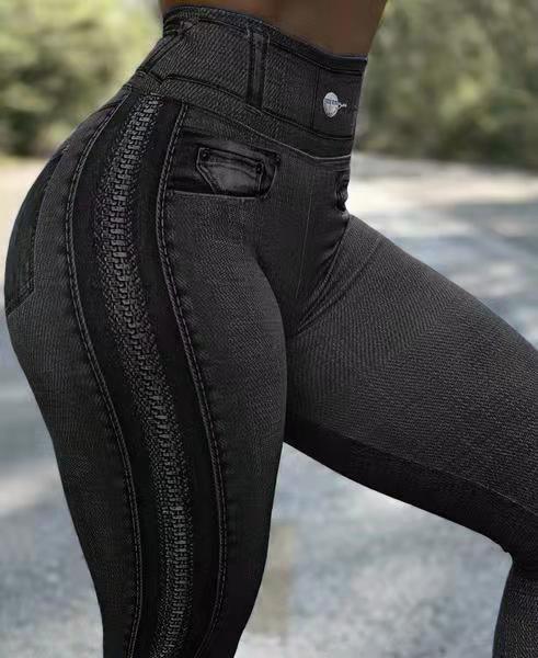In Stock European and American AliExpress popular women's fashion zipper printing Denim sports leggings hip lifting plus size