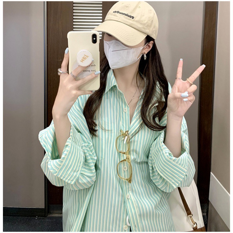 Sunscreen Striped Shirt Coat Women's Early Spring Outer Long Sleeve Top Shirt Autumn 2023 New Autumn Lazy Style
