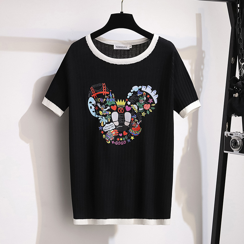 Large size women's summer ice silk small fragrant wind knitted jacket fat MM slim 200/300kg short sleeve T-shirt 8156