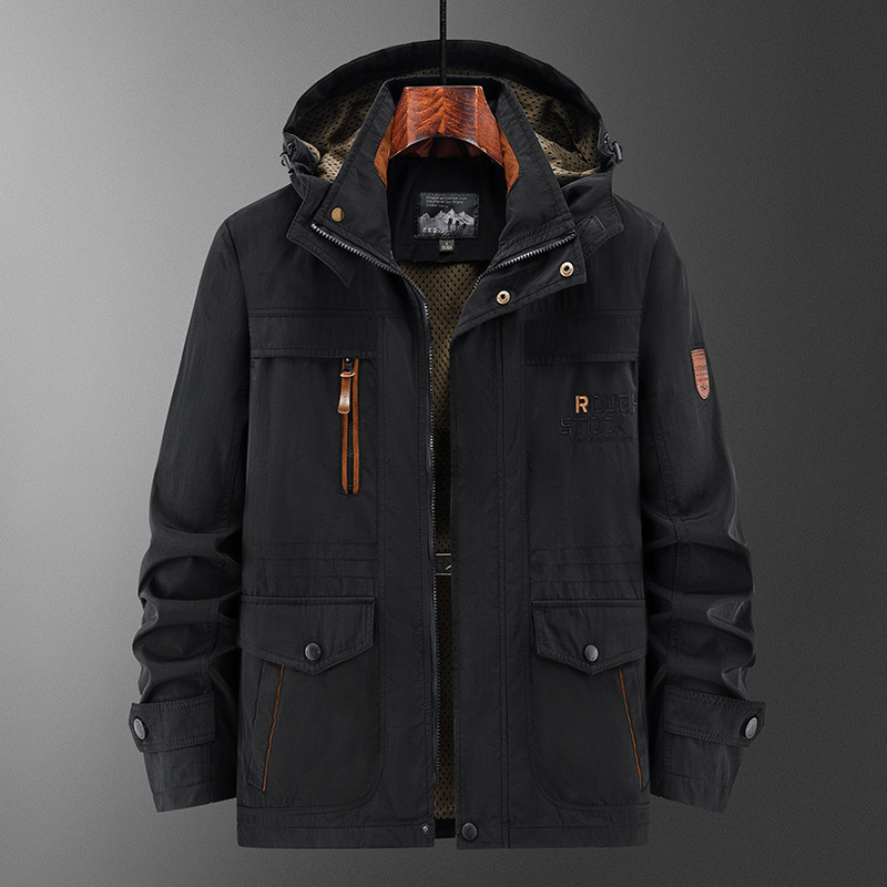 Spring and Autumn New jacket men's outdoor casual multi-pocket mid-length jacket plus size waterproof men's jacket