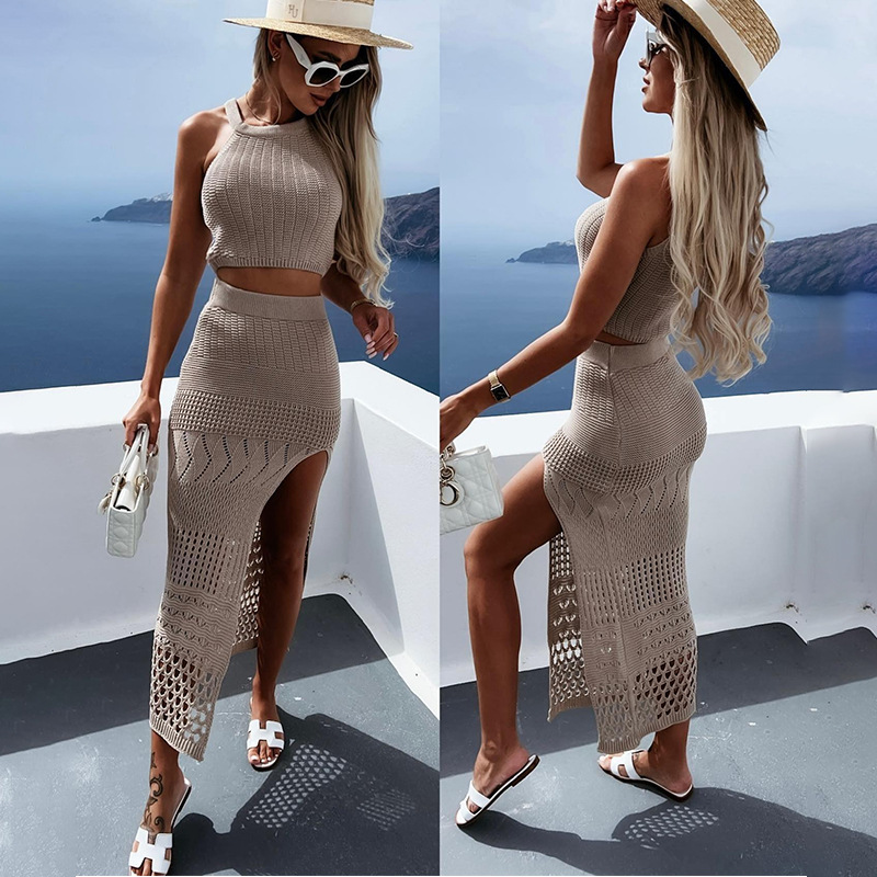 2023 European and American Cross-border New Women's Summer Short Top Split Hip Skirt Two-piece Dress