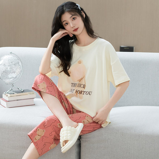 Pajamas Cotton Women's Summer New Short-sleeved Capri Pants Simple Cotton Korean-style Loose suit-fit Outer Wear Home Clothes