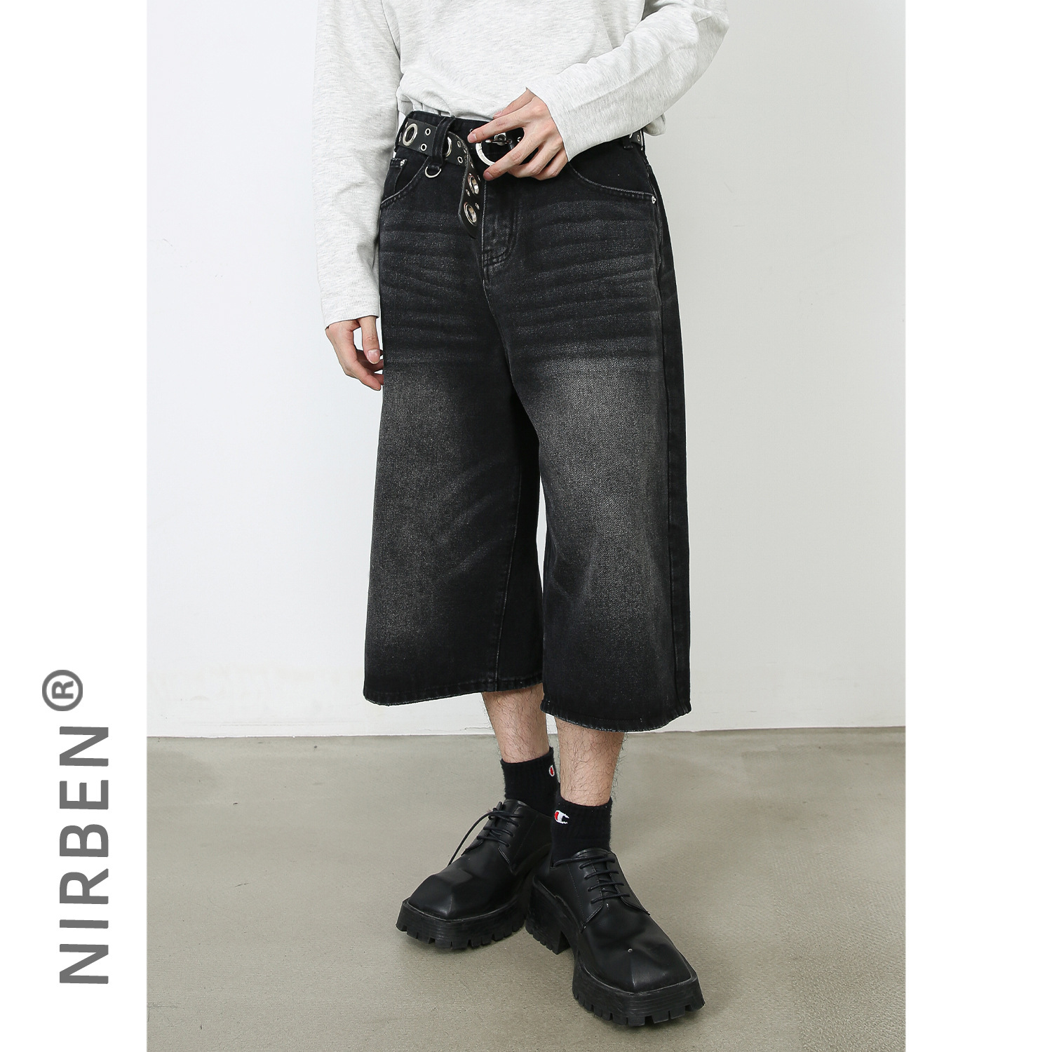 nirben Denim | New American-style black and gray large trousers loose Denim cropped pants Korean-style trendy men's wide-leg pants