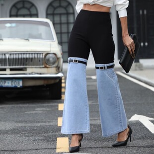 Cross-border Amazon fashion slim knit Denim stitching elastic waist wide leg casual pants temperament commuter large size