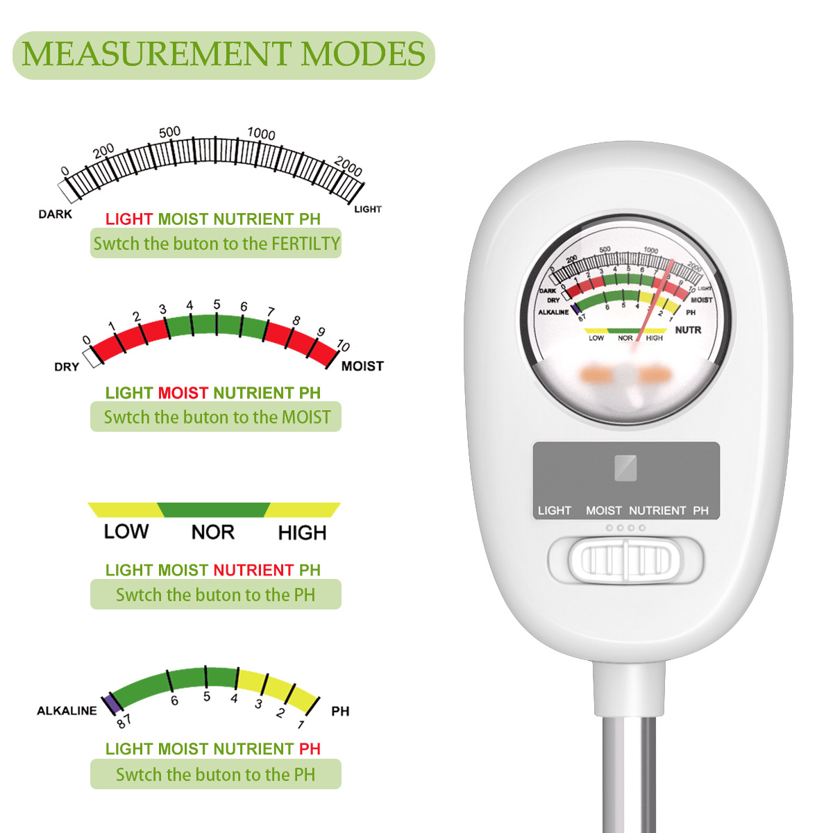 New Humidity Light PH Fertility PH Rotatable Foldableing 90-degree Stool Viewing 4-in-1 Potted Soil Detector