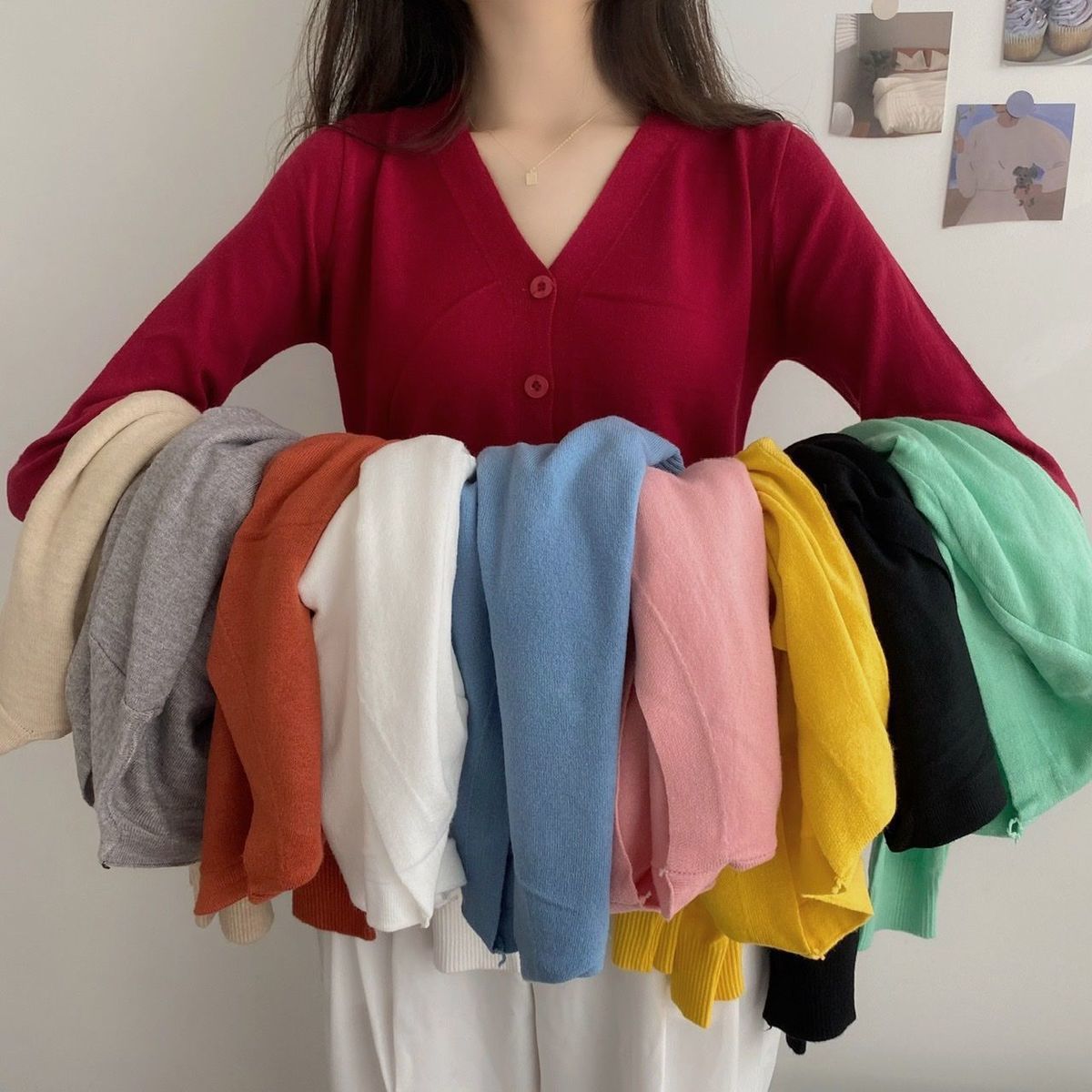 Southeast Asia 2022 New Women's Long-sleeved Sweater All-match Short V-neck Cardigan Coat Women's Sweater Women's Top_voghion.com