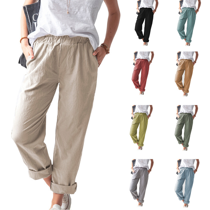 2022 cross-border European and American women's wish Amazon summer new solid color casual elastic high waist straight trousers women