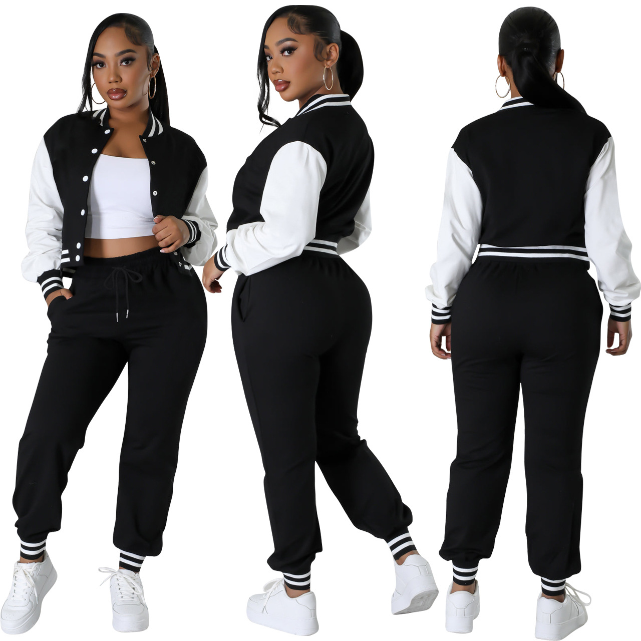 F6001 European and American Cross-border Women's Clothing Amazon New Fashion Baseball Suit suit Splicing Single-breasted Two-piece Set