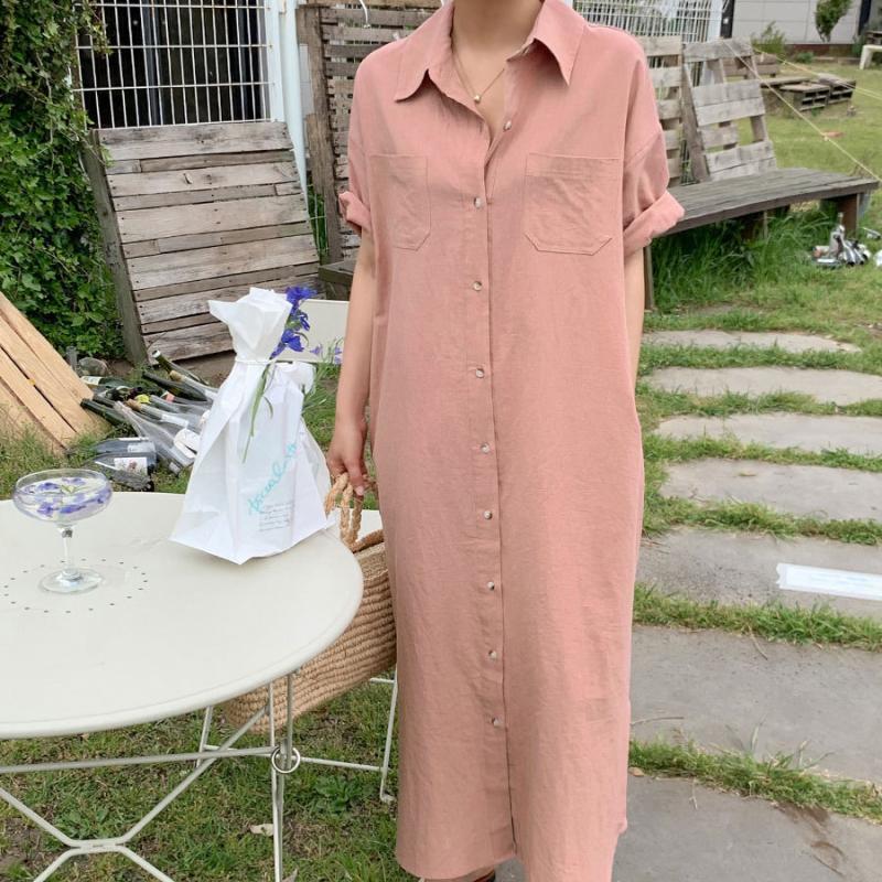 Cotton and Linen Shirt Dress Women's Summer Simple Long Tencel Ramie Short-sleeved Dress Over-the-knee Long Dress