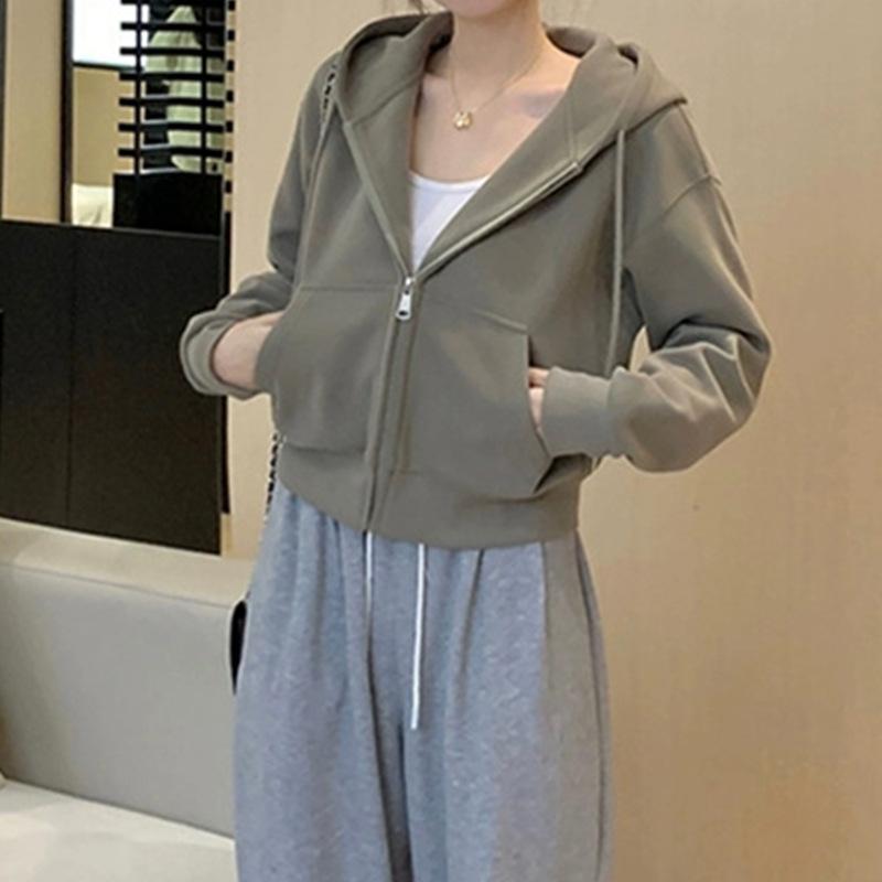 Autumn fleece-lined short hooded sweater coat for women 2023 new women's clothing autumn early autumn cardigan small top
