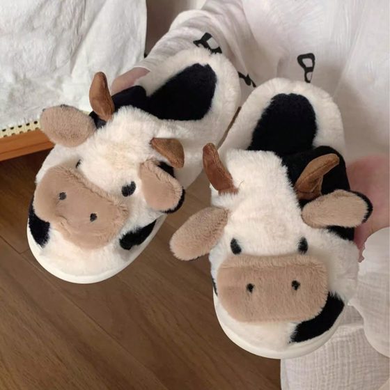 Cow closed toe cotton slippers winter fashion girls winter warm thick bottom non-slip home couple slippers boys and girls shoes