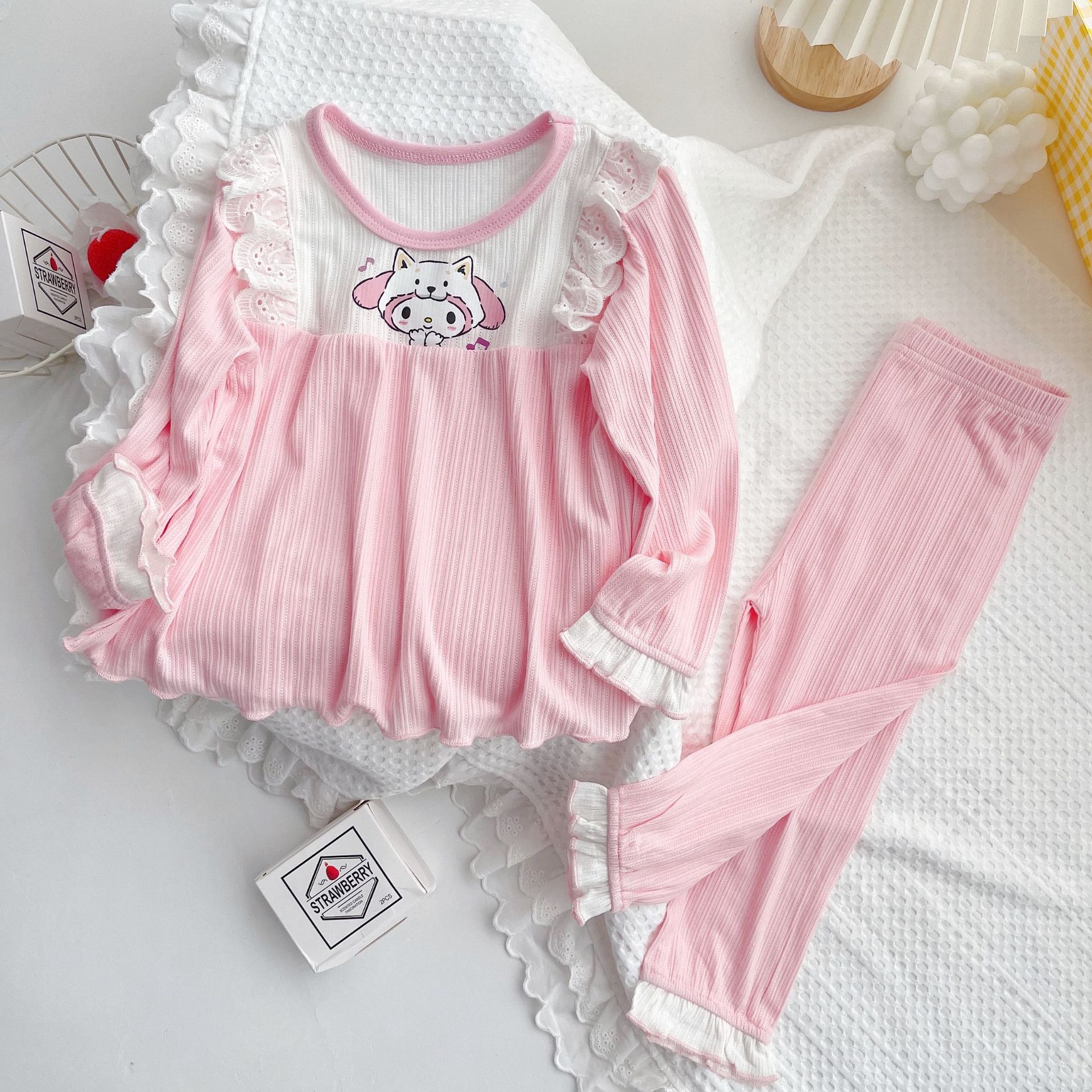 2022 Girls Spring Long Sleeve Pajamas Cute Home Clothes Four Seasons Air-conditioning Suit Soft Stretch Jacquard Class a Lace