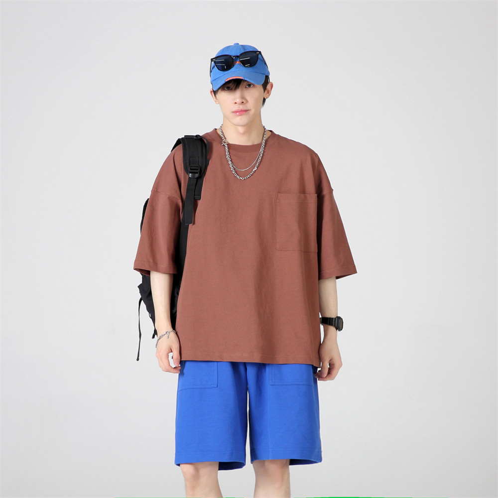 LVLV men's clothing | Heavy cotton wide off-shoulder 5-point sleeve oversize pocket High Street T-shirt wide fashion brand