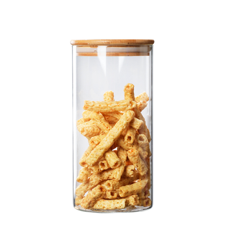 Bamboo Wood Lid Glass Tea Storage Tank Kitchen Seasoning Sealed Tank Household Transparent Glass Coarse Grain Storage Tank