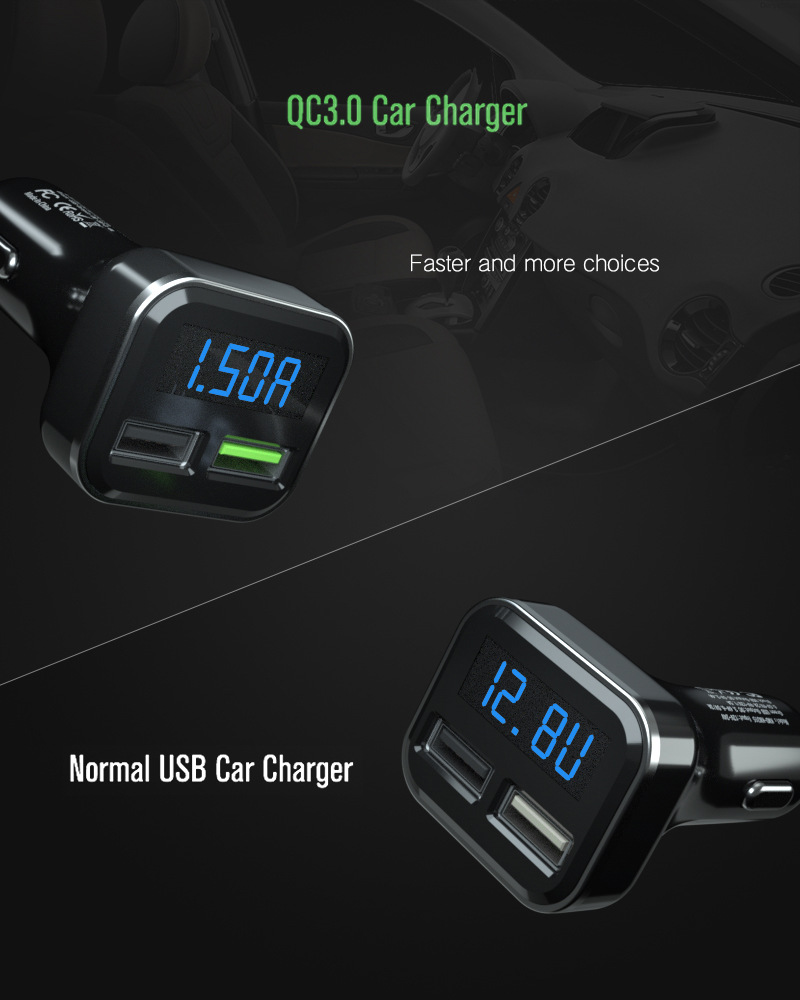 New QC3.0 car fast charger car charger dual USB with voltage and current display new appearance charging head