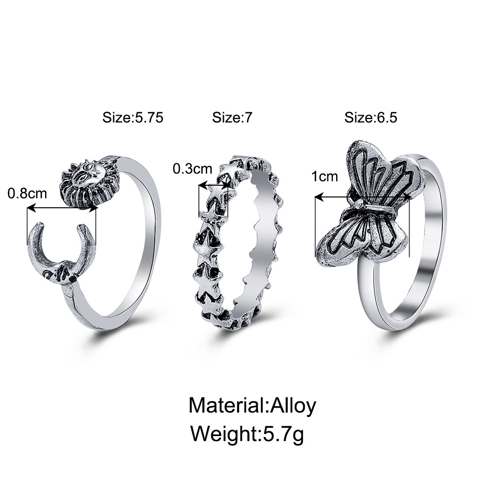 Creative Retro Sun Butterfly 3 Piece Set Open Ring Do Old Creative Personality Open Joint Ring_voghion.com