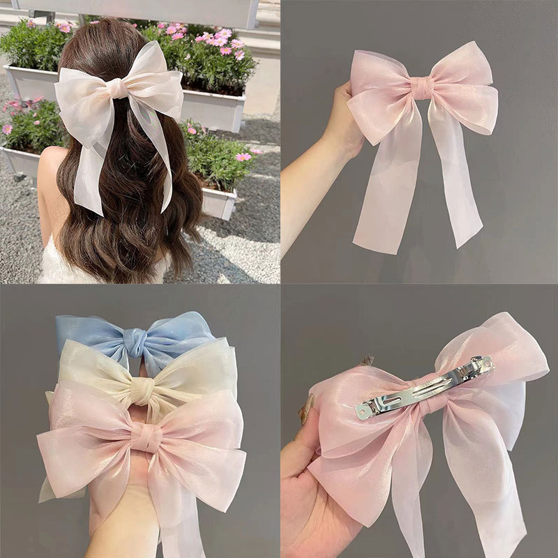 Cream sweet gauze bow hairpin super fairy top clip back head hairpin hair accessories spring clip yiwu wholesale_voghion.com