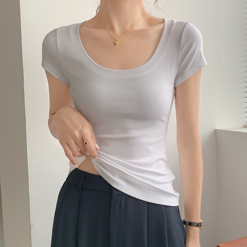 High-quality Cotton T-shirt Women's Short-sleeved Slim-fit Crewneck Sexy Tight 2025 New Summer Top Solid Color Base Shirt