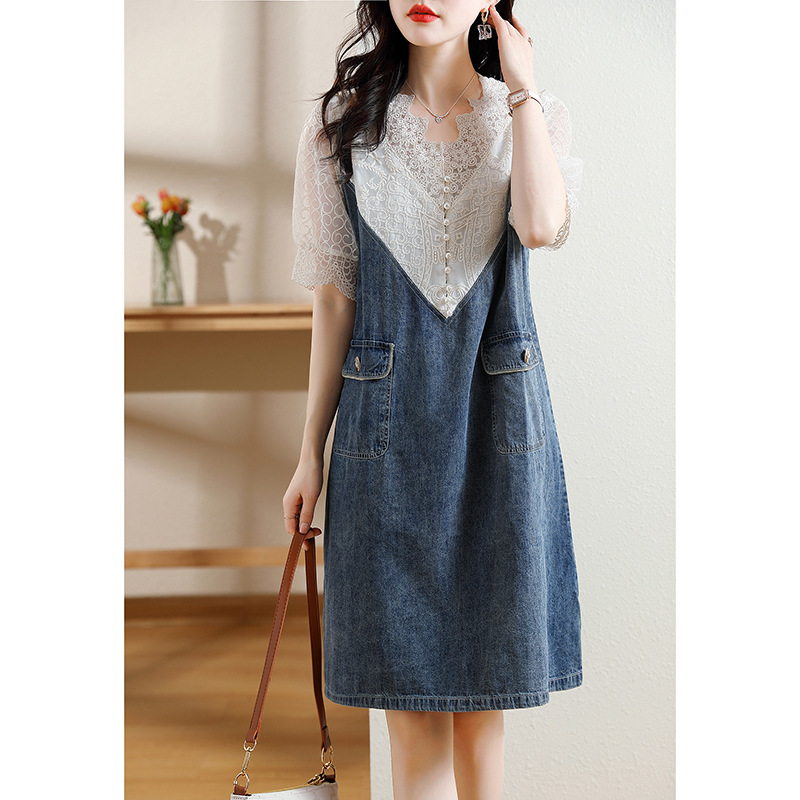 Real shot of V collar fake two-piece large size denim skirt for women summer new fat m loose temperament lace splicing dress