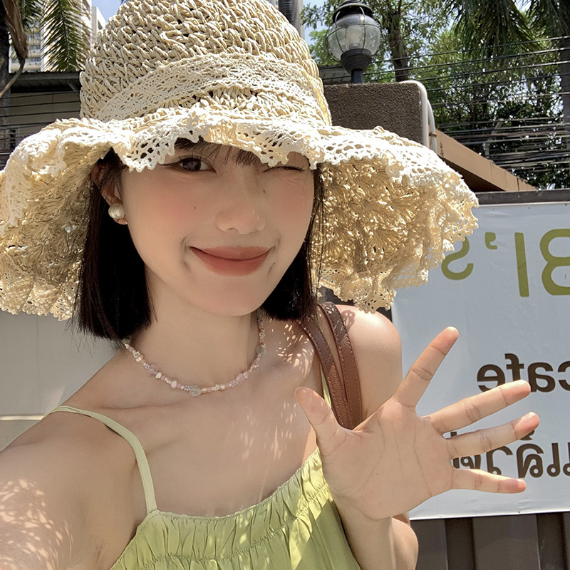 Hollow Ribbon Straw hat female summer seaside vacation straw sun protection hat Japanese beach sweet sun hat