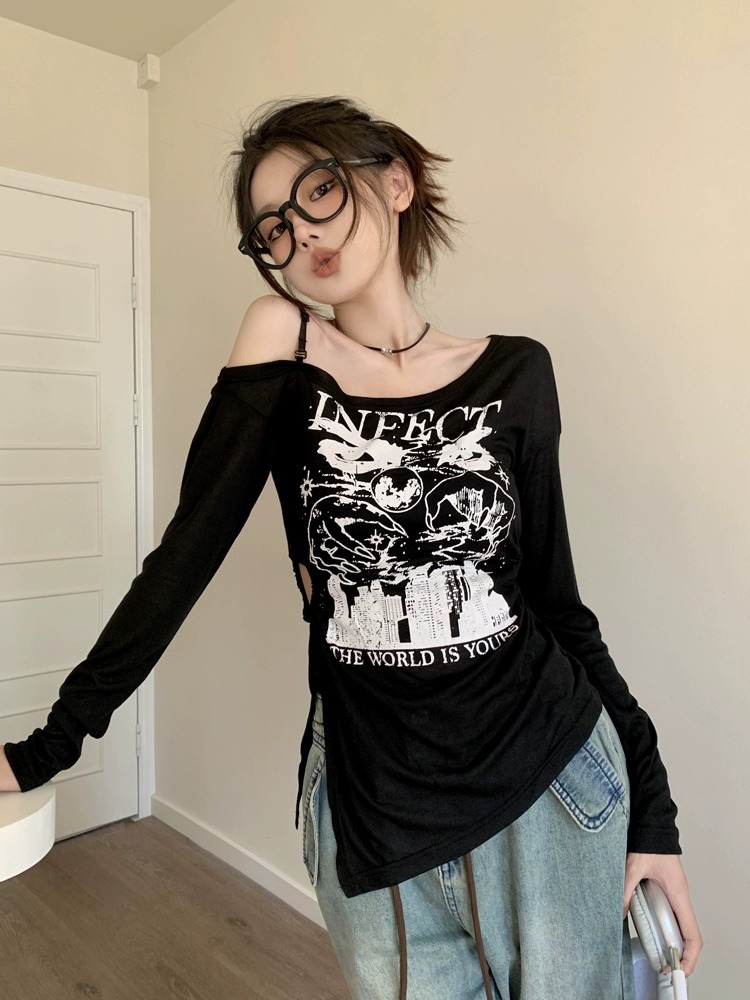 PPHOME soft and sweet ~ long-sleeved sun protection blouse women's design hollow off-shoulder slim slimming thin top