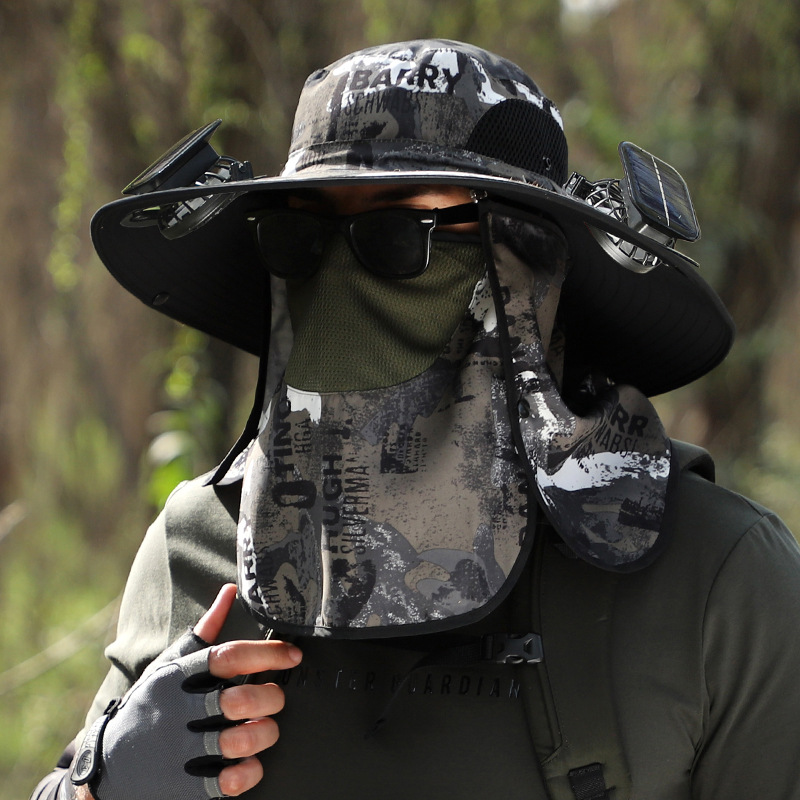 All-round sun protection big head circumference sun hat men's large size Fat Man big head fisherman hat summer double fan solar charging