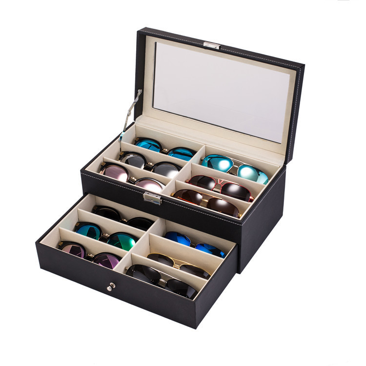 Household Collection 12-grid wooden pu leather glasses storage box glasses case display box double-layer glasses storage box leather