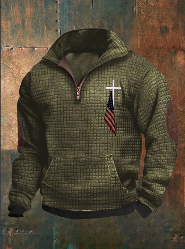 2023 Amazon men's casual fashion zipper collar waffle print sweater