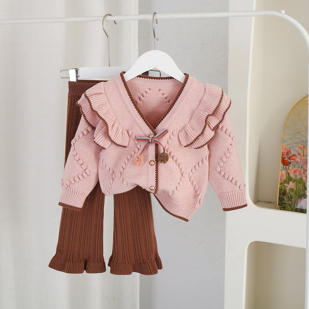 Girls' sweater + flared pants autumn and winter New baby girls' wooden ear open knitted cardigan + Western style flared pants Korean style