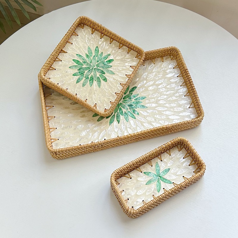 Vietnam rattan shell tray fruit plate rectangular tray household living room dining room light luxury storage basket storage tray