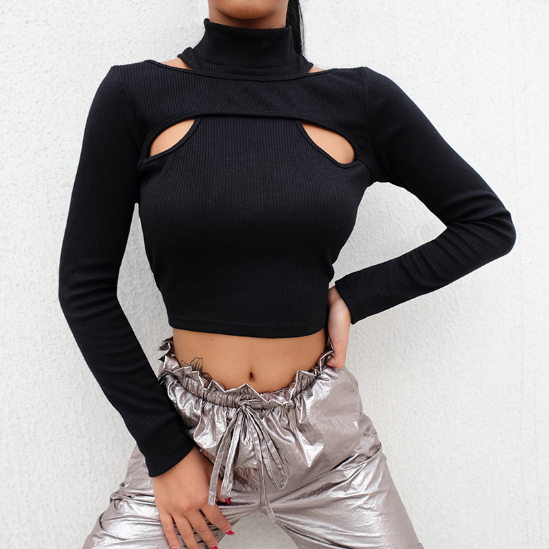 NVTX44207 Careful Machine Hollow Off Shoulder Bottoming Shirt Women's Short Navel T-shirt Slim Fake Two-piece Top Trendy