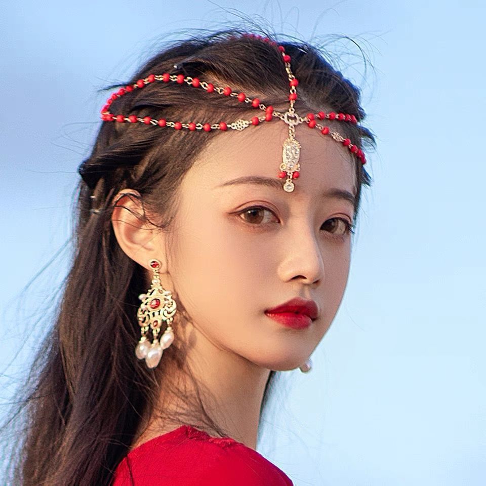 文藝復古民族風多層流蘇閃鑽米珠珍珠頭帶額飾新娘眉心吊墜頭飾