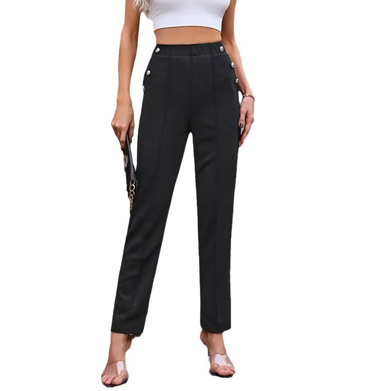 Cross-border Foreign Trade Women's Elastic Slim Button Decorative Casual Pants Women's High Waist Stitching Pants Trousers Europe and America
