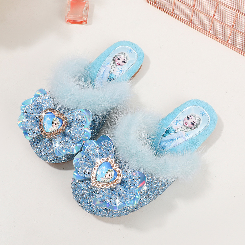 Children's Winter Fluffy Mop Fashion New Girl Princess Elsa Fashion Home Flat Heeled Warm Cotton Mop