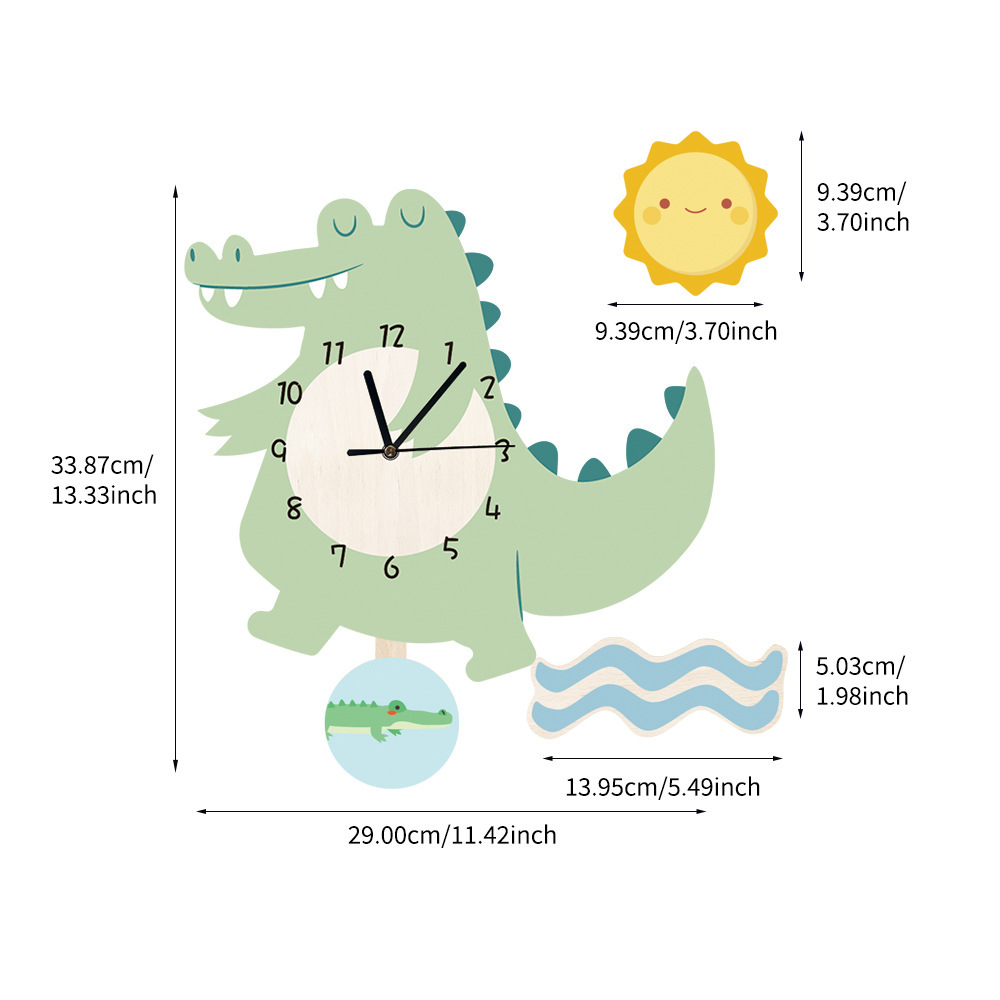 Funlife Nordic Animal Children's Fun Pendulum Clock Cartoon Crocodile Children's Room Silent Creative Wall Clock UWC020