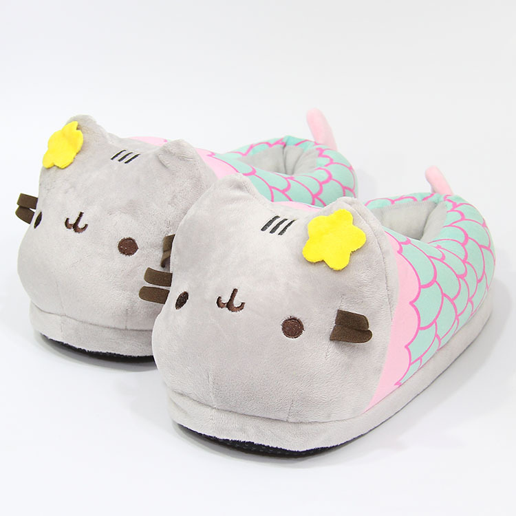 Pantoufles en peluche de dessin animé sirène gros chat gris, chaussures d'intérieur et d'hiver pour la maison, pantoufles en coton avec chat mignon, chaussures de lune pour femmes_voghion.com