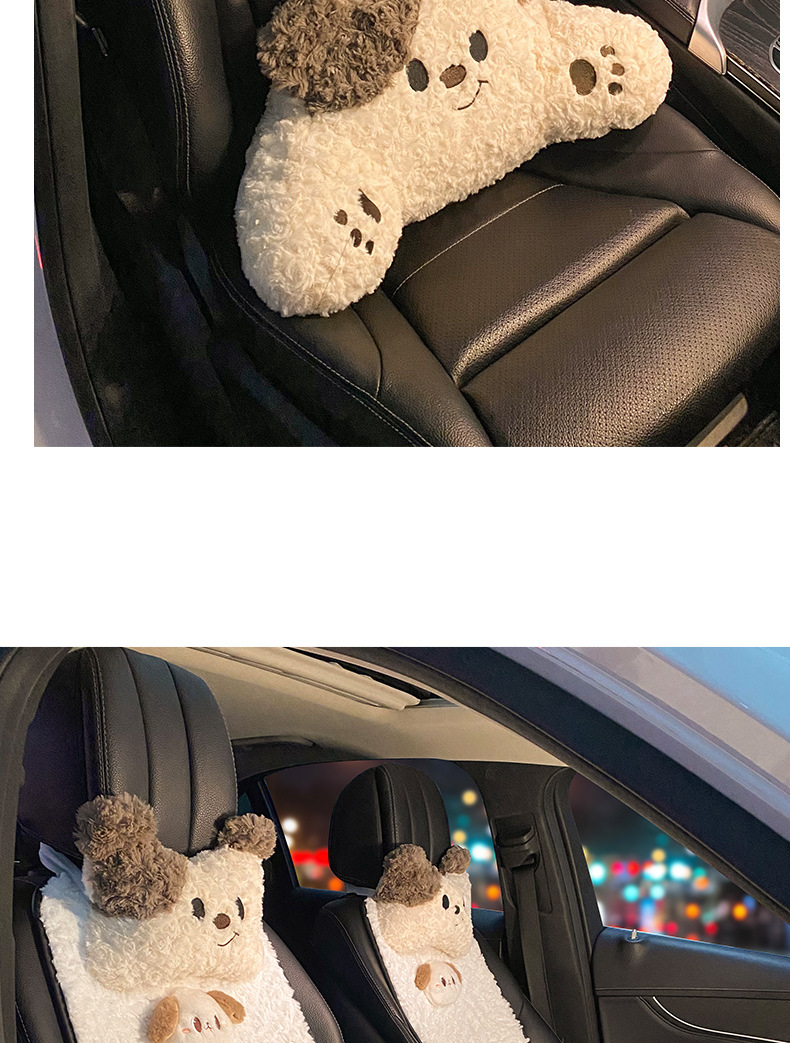 Almohada para el cuello y el reposacabezas del automóvil, un par de almohadas para conductora femenina, linda almohada para el automóvil con forma de cachorro, almohada para el cuello y la cintura del asiento del automóvil_voghion.com