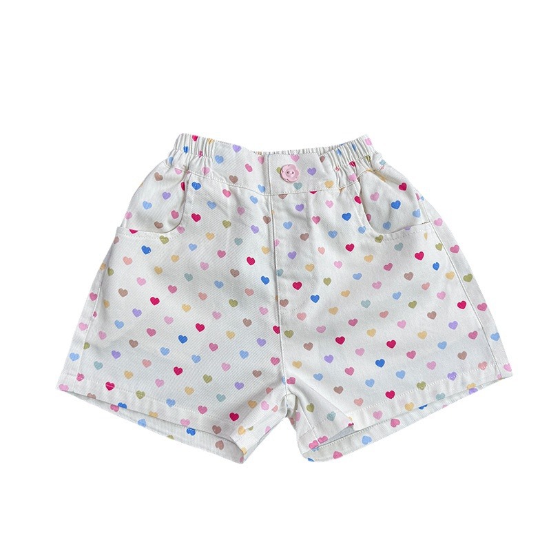 2024 New Summer Children and Girls Korean Style Pastoral Girl Style Color Love Printed Twill Shorts