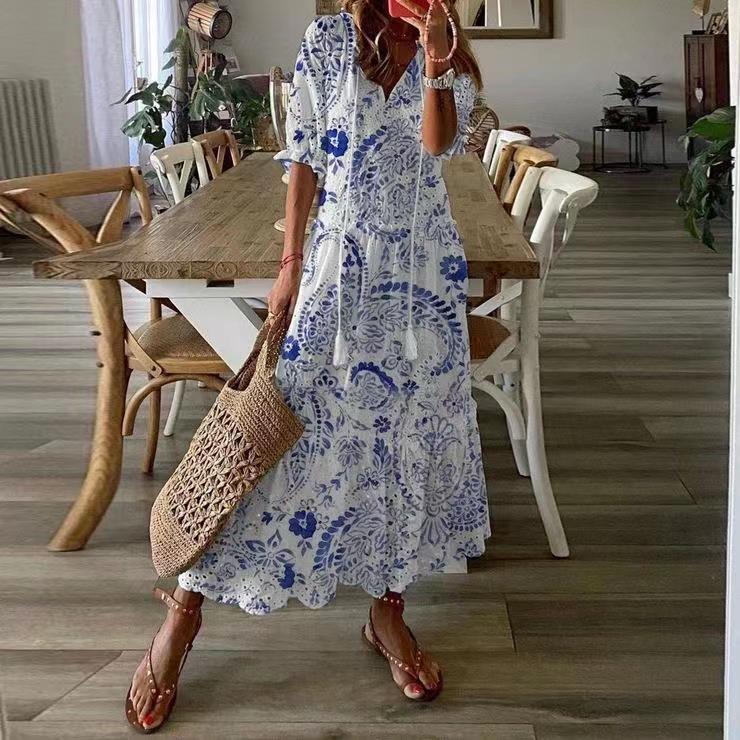 Spot! European and American Cross-border 2021 Casual Sweet V-neck Printed Sling Short-sleeve Mid-length Dress for Women