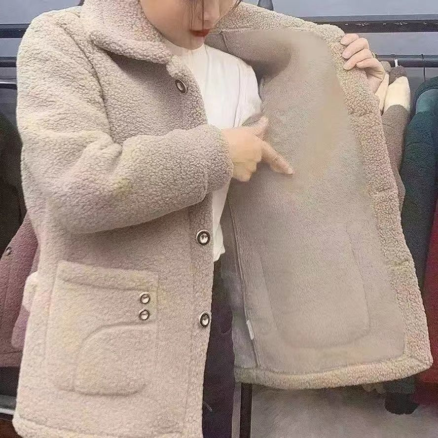 Cappotto caldo di pelliccia di agnello spesso foderato in pile transfrontaliero per la mamma, cappotto di media lunghezza, cappotto di pelliccia femminile all'ingrosso_voghion.com